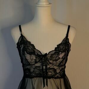 Avidlove Black Lace Babydoll Lingerie Set Sheer Mesh Chemise w Panties M NWOT